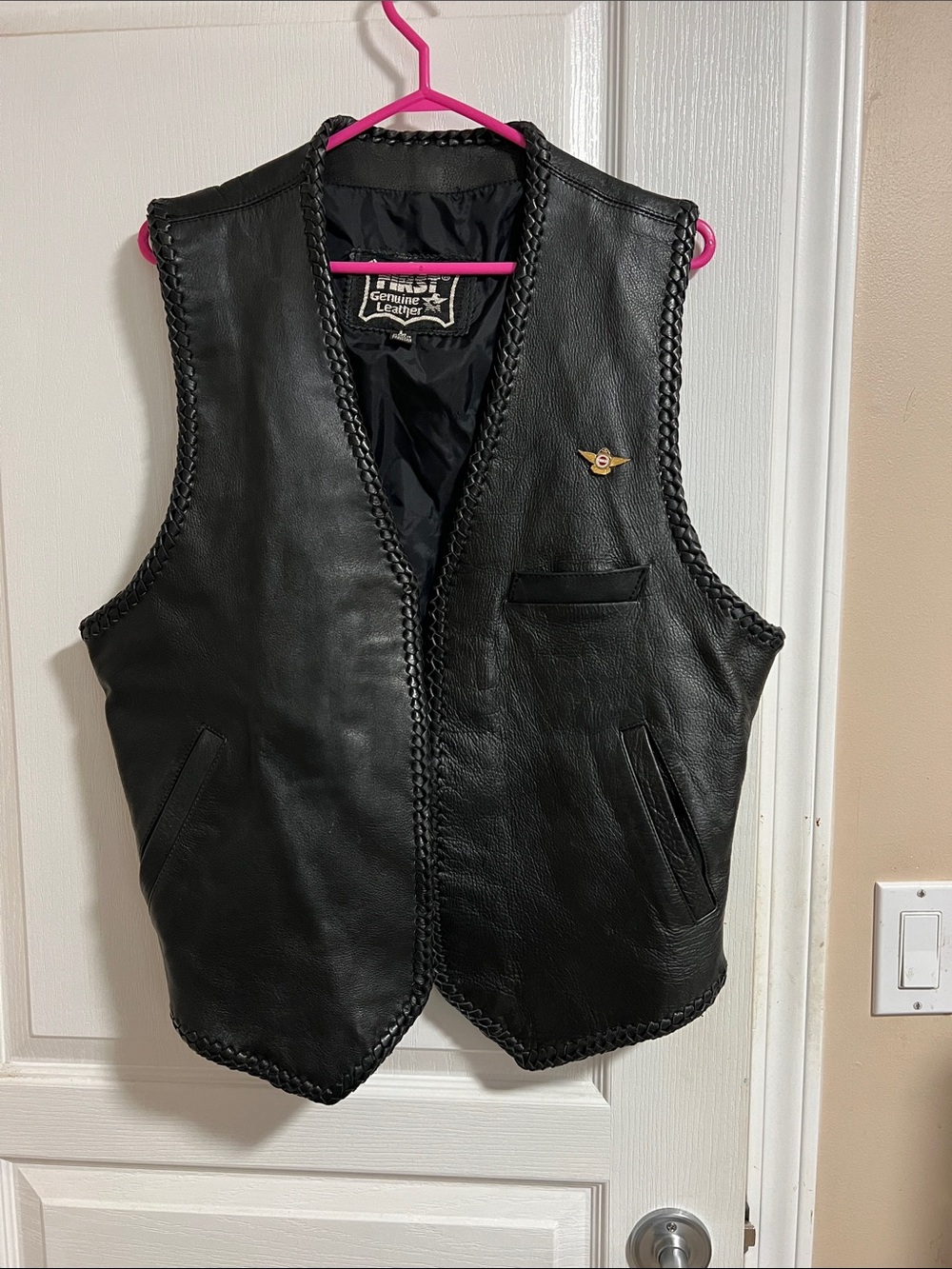 Vintage First Genuine Leather Braided Trim Vest - Black